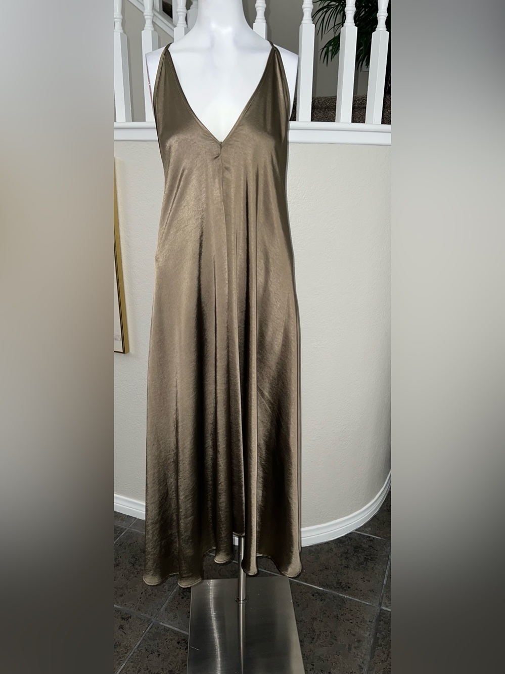 Sleeveless V-Neck Satin Maxi Dress in Olive Brown
